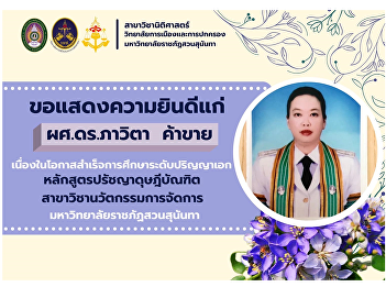 Congratulations to Asst. Prof. Dr.
Phavita Khakhai on the occasion of
graduating with a Ph.D. Doctor of
Philosophy Program Management Innovation
Suan Sunandha Rajabhat University