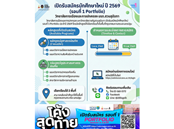 เปิดรับสมัครนักศึกษาใหม่ ปริญญาตรี
ภาคปกติ ปีการศึกษา 2569 รอบ Portfolio
(รับตรง ครั้งที่ 2) แล้ววันนี้!